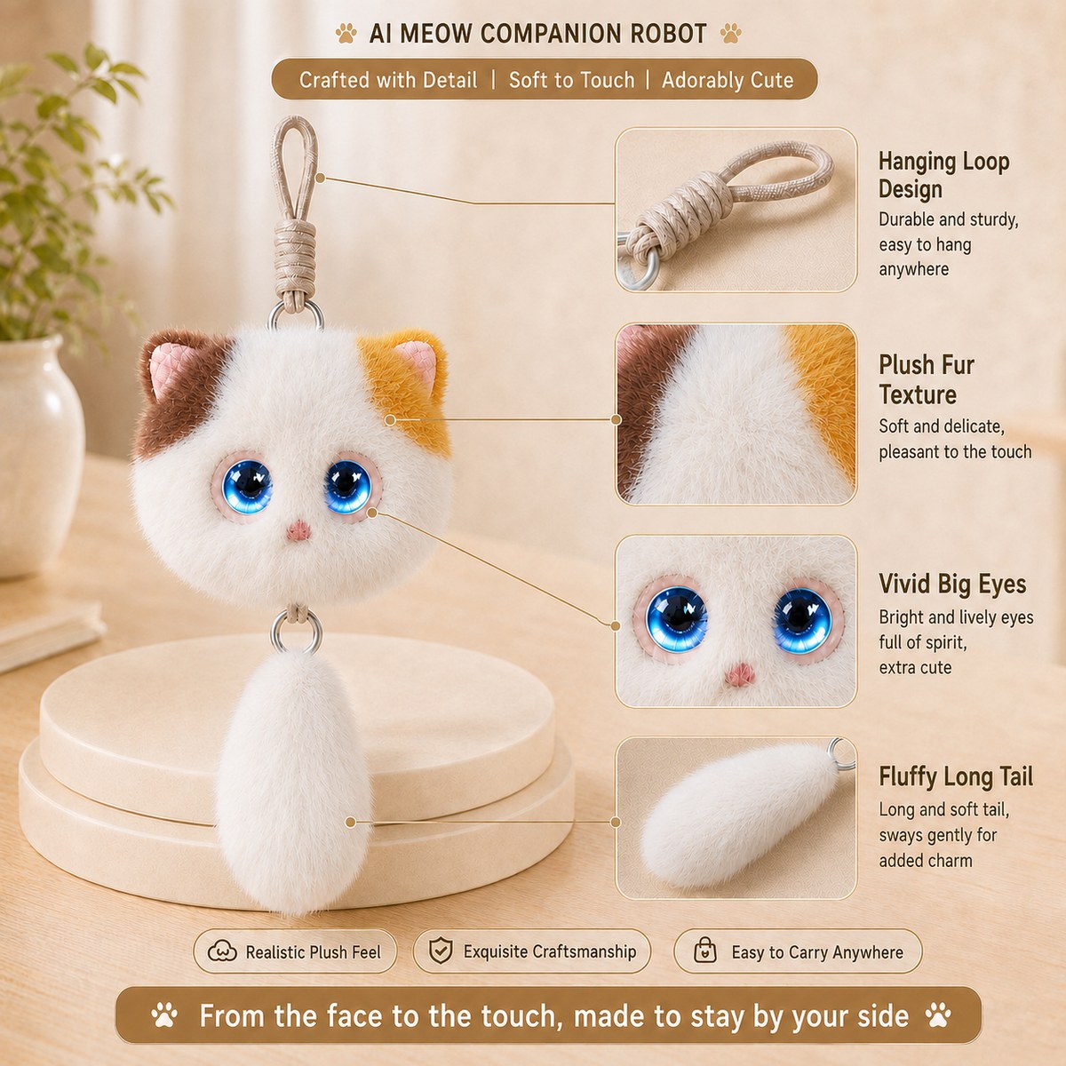 Smart AI talking plush toy keychain - Calico colorway